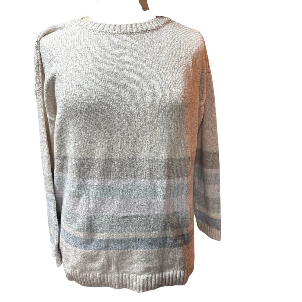 J.‎ Jill Striped Crewneck Sweater Beige Blue Lavender Knit Pullover Size L #777